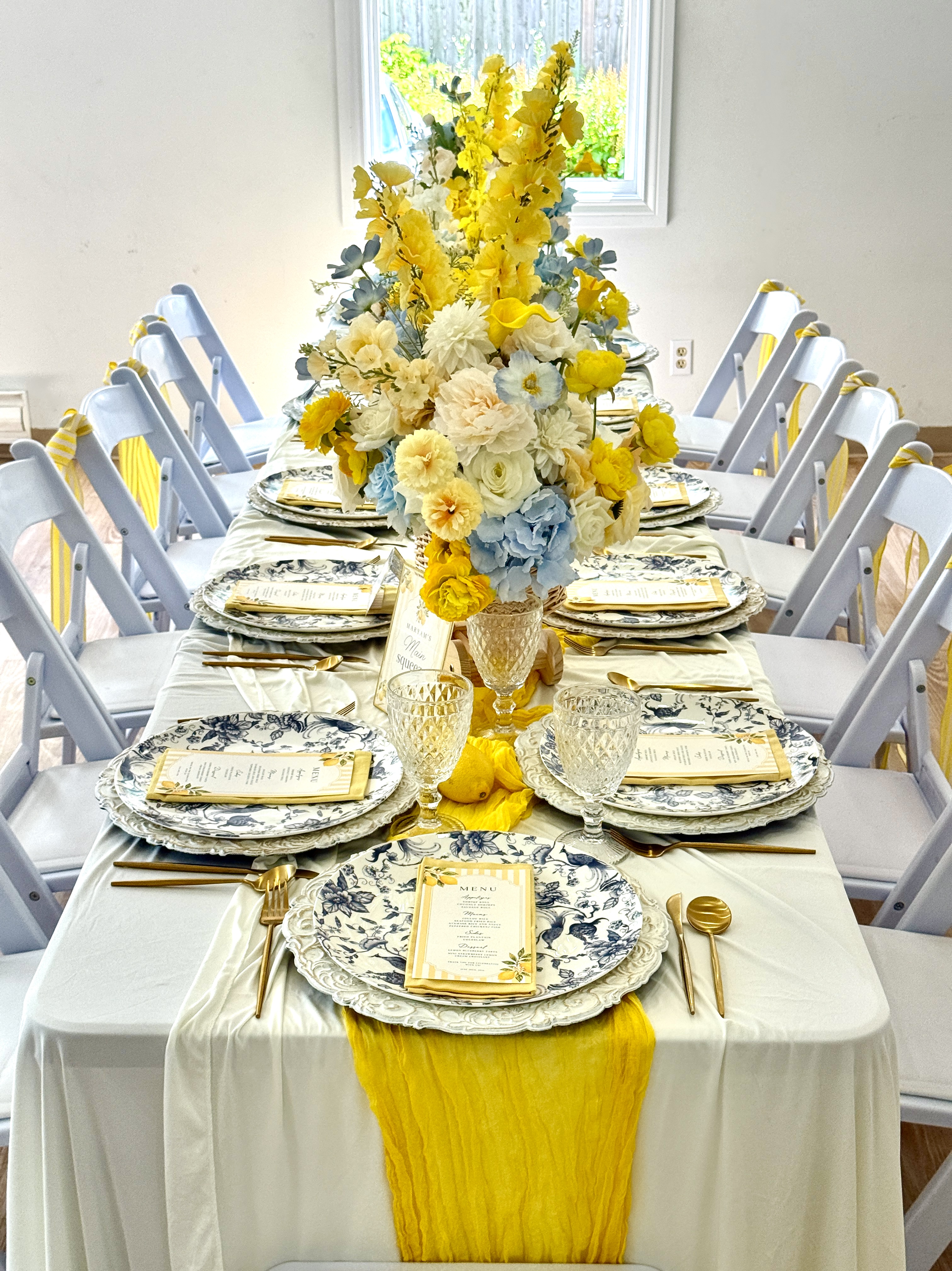 Blue and yellow baby shower tablescape by Eden & Oak Events
